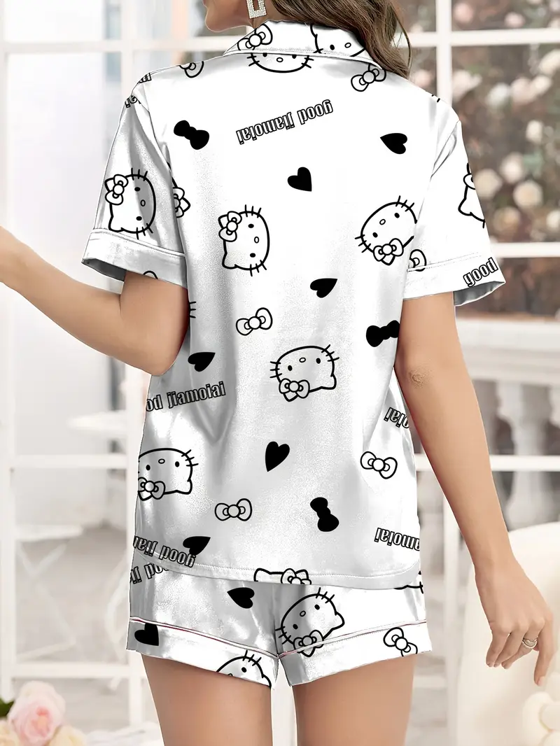 Cute Character & Heart Print White Night Suit
