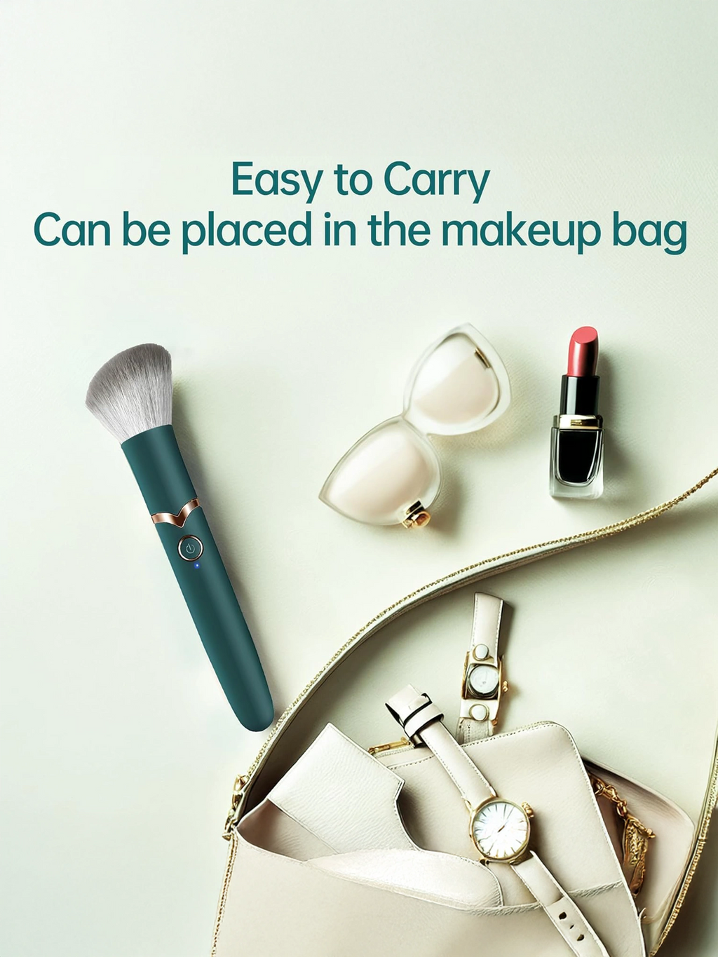 Makeup items including a brush, lipsticks, and a watch on a light surface with text 'Easy to Carry Can be placed in the makeup bag'.