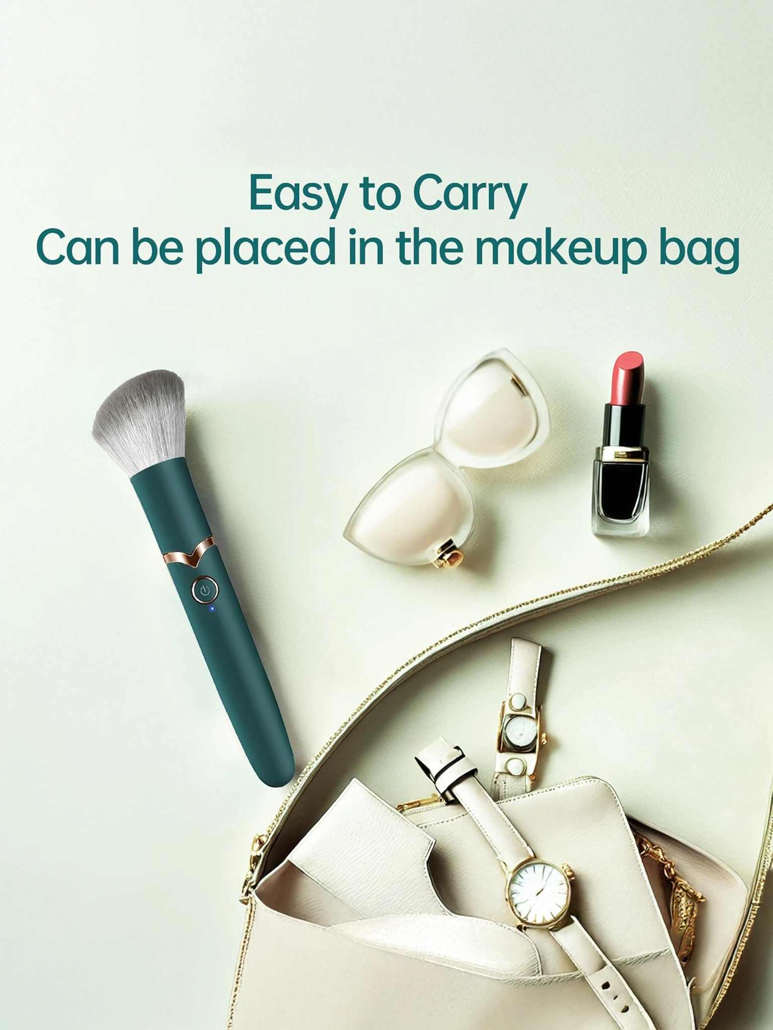 Makeup items including a brush, lipsticks, and a watch on a light surface with text 'Easy to Carry Can be placed in the makeup bag'.