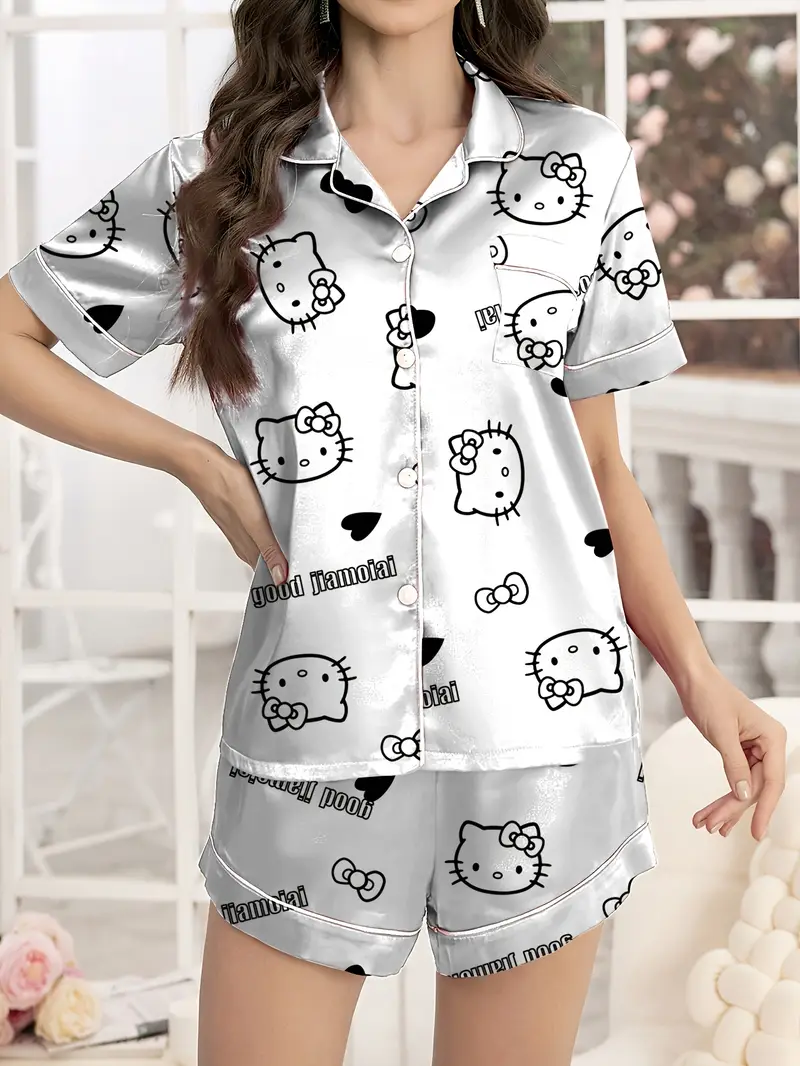 Cute Character & Heart Print White Night Suit