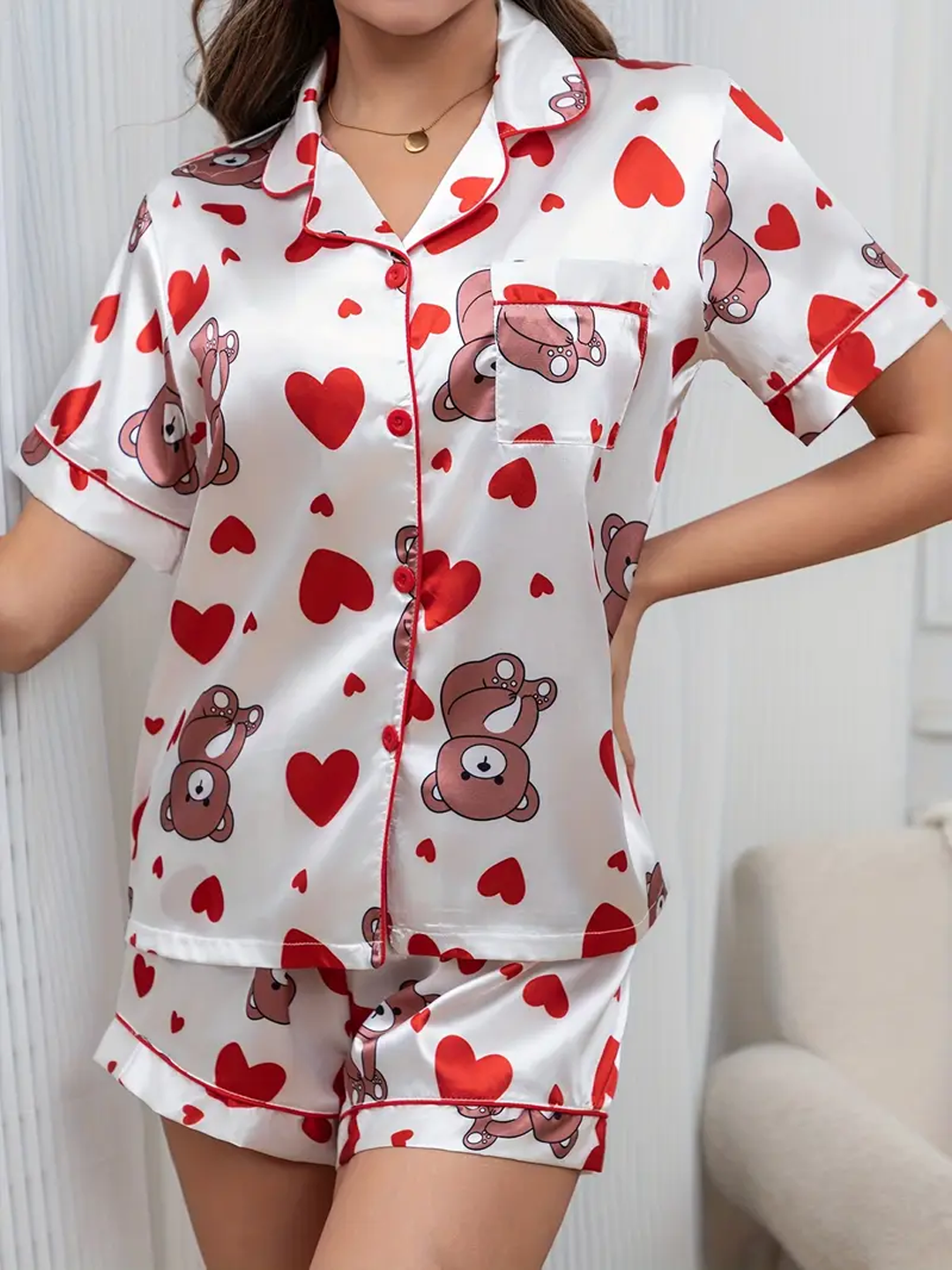 Bear & Heart Print Night Suit