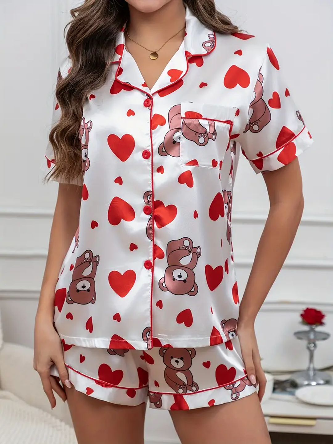 Bear & Heart Print Night Suit