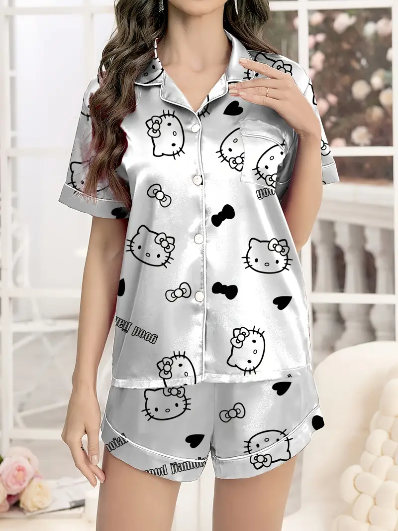 Cute Character & Heart Print White Night Suit